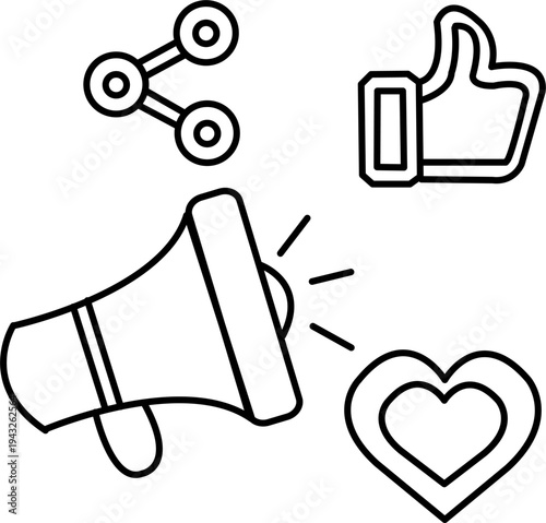 Social Media Marketing Megaphone Line Icon with Like Share and Heart Symbols Vector
