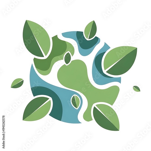 High Quality, Professional Earth with leaves and bluegreen swirling shapes on white background Stock Photo, AI Generated