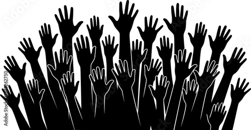 Diverse Hands Raised Unity Vector - Black White Minimalist Line Art Community Solidarity Illustration for Charity Volunteer Nonprofit Design on White Background