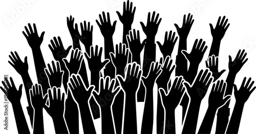 Diverse Hands Raised Unity Vector - Black White Minimalist Line Art Community Solidarity Illustration for Charity Volunteer Nonprofit Design on White Background