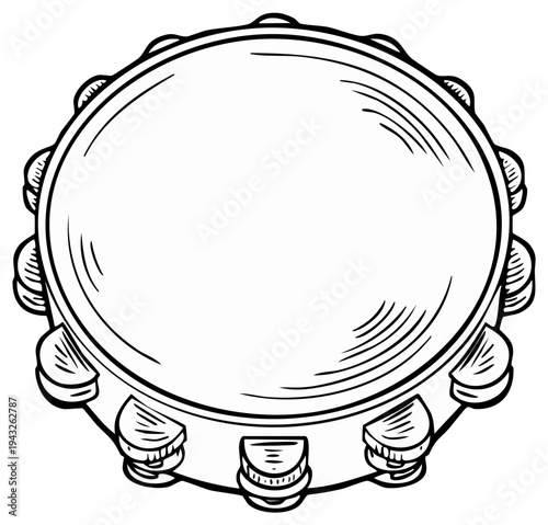 Detailed Black and White Tambourine Illustration Isolated