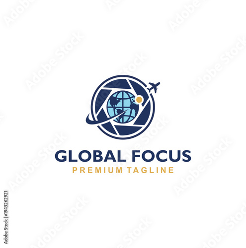 Professional modern global focus logo combining camera lens and world.