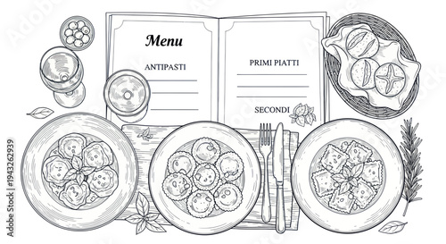 Italian Food Menu Drawing: Antipasti, Primi, Secondi Plates, Drinks