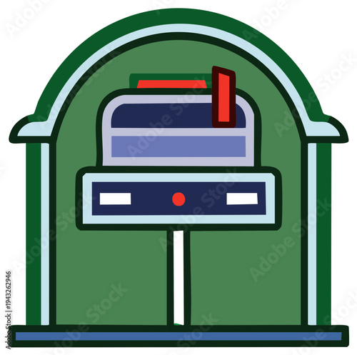 Cartoon style mailbox icon with open red flag, design for mail, posting, or postal service