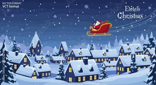Santa Claus flying over a snowy village at Christmas night with stars and snowflakes