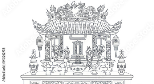 Traditional Asian Altar Shrine with Offerings and Dragon Roof - Line Art