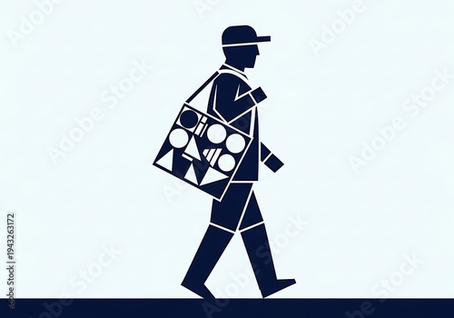 High Quality, Professional Geometric silhouette of a man walking with a bag on his shoulder in a simple modern style Stock Photo, AI Generated
