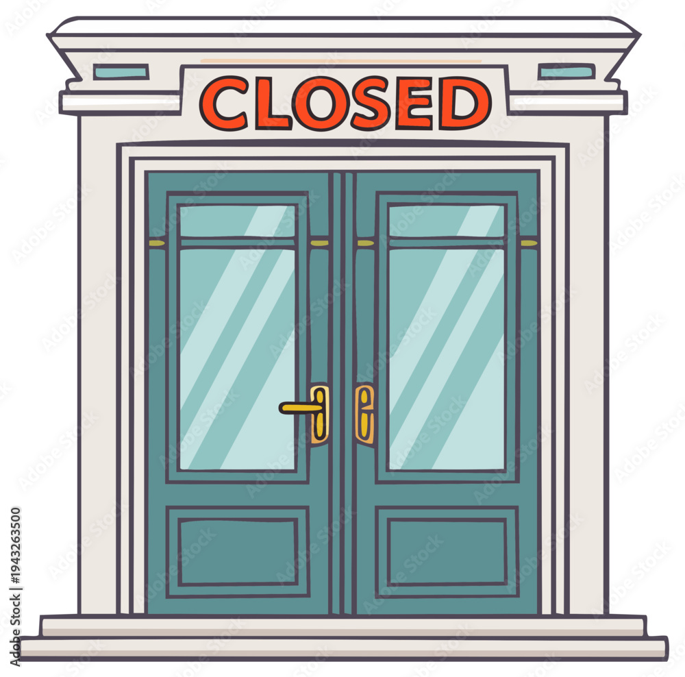 Obraz premium Illustrated Closed Sign on Ornate Double Doors of a Storefront Entrance Building