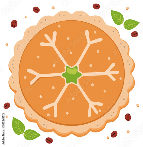Festive orange cookie with white snowflake icing, green star, scattered coffee beans and mint leaves