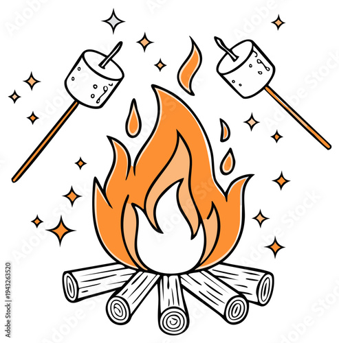 Campfire with marshmallows roasting on sticks and sparkling lights, illustration