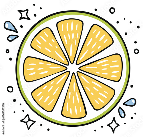 Vibrant citrus slice illustration showing fresh juice water droplets and sparkling highlights