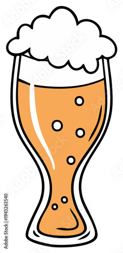 Stylized Beer Glass with Frothy Head and Bubbles Inside Refreshing Ale, Lager, or Stout in a Cartoon Style