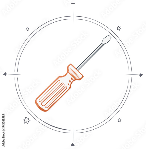 Sketch style illustration of a flathead screwdriver inside a compass symbol for repair and guidance