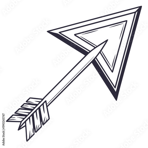 Outline archery arrow with sharp triangular arrowhead and fletching pointing upwards in a dynamic and striking position