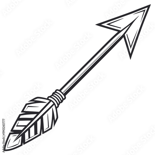 Stylized archer's arrow with a clean, angular arrowhead and a detailed feathered shaft in a bold, graphic illustration