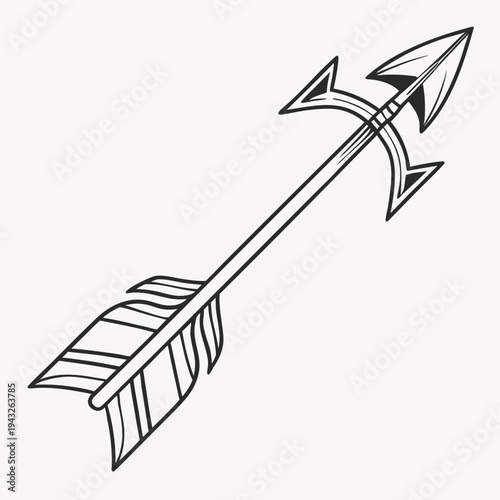 Ancient arrow with a distinctive double-bladed head and stylized fletching in an etched or engraved vintage outline style