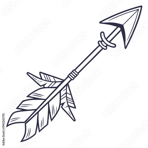 Tribal arrow illustration, stylized feathers, native american design element, graphic symbol for journey and direction, clean outline art