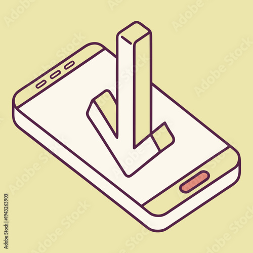 Modern smartphone download illustration with isometric arrow pointing at screen for mobile application installation software update and phone data