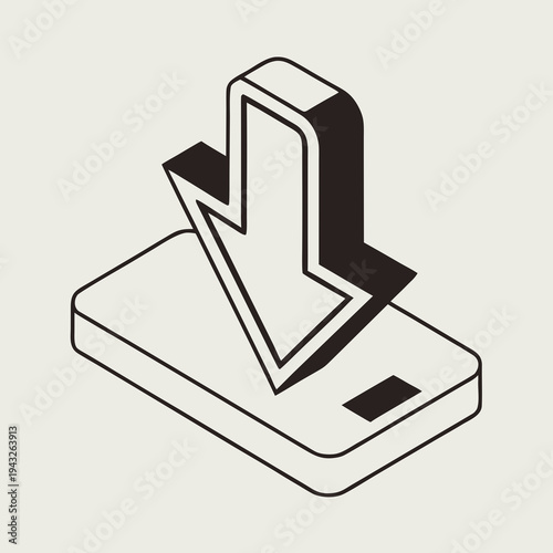 Isometric phone download icon showing bold arrow hovering over touchscreen mobile device representing fast mobile internet and digital connectivity