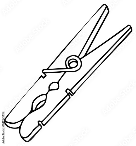 Clothespin Illustration, Isolated Line Drawing of Peg for Hanging Clothes, Laundry Supply Clip