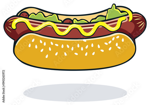 Cartoon depiction of a hotdog featuring a bun, sausage, mustard, and lettuce, classic fast food vector image