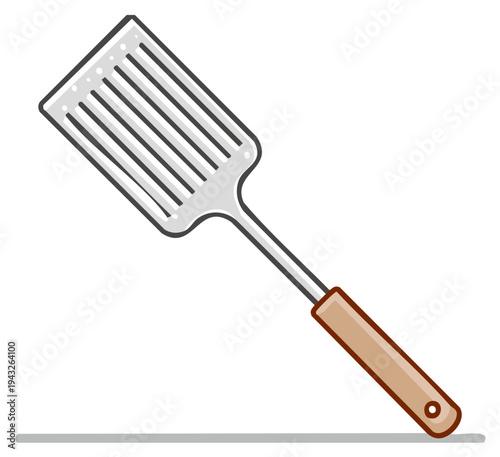 Slotted metal kitchen spatula with a natural wooden handle cooking and serving utensil