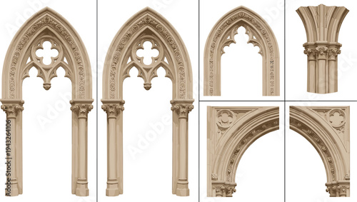 Detailed black and white illustrations of Gothic arches, tracery, and ornate columns with floral and geometric motifs, ideal for architectural history, design, or restoration themes.