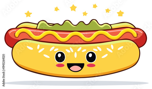 Adorable Kawaii Hot Dog Character with a Happy Face and Toppings Vector Cartoon Illustration