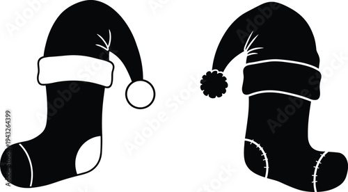 Christmas stocking silhouette illustration, festive holiday decoration design, Santa gift sock vector, seasonal winter artwork, celebration icon