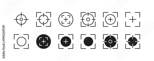 Set of twelve crosshair target icons in circle and square frames for focus