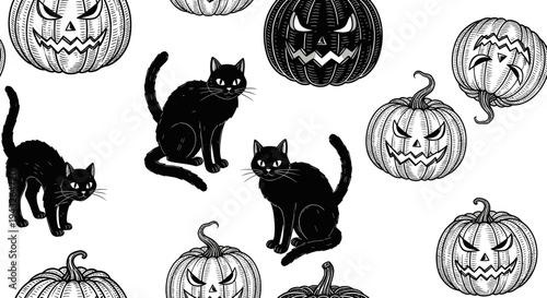 Halloween Seamless Pattern: Black Cats and Jack-o'-Lanterns, Engraved Style