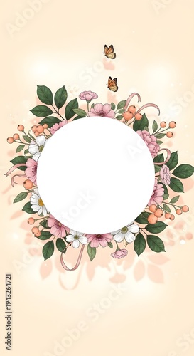 Floral frame with butterflies and flowers on beige background