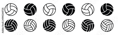 Set of twelve black and white volleyball icons in various styles