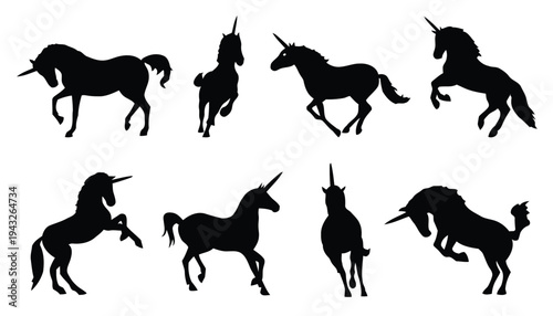 Set of unicorn silhouettes in different dynamic poses