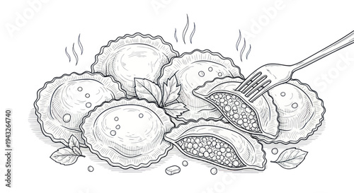 Hand-drawn Ravioli Illustration - Italian Pasta with Filling and Basil