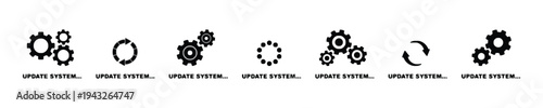Set of update system icons with gears and loading symbols on white background