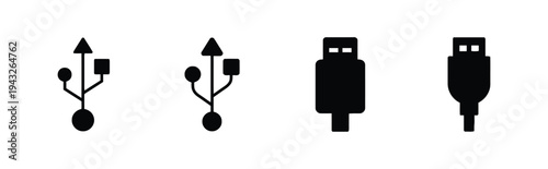 Set of universal serial bus icons including type a and type c connectors and usb symbol variations