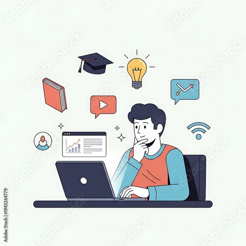 High Quality, Professional man sitting at laptop with education and business icons floating around him online learning concept Stock Photo, AI Generated