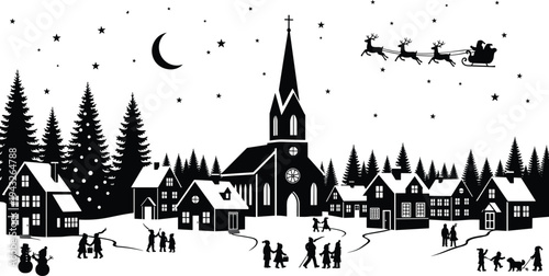 Christmas village silhouette with church houses and Santa flying in sleigh over snowy winter town at night with starry sky.