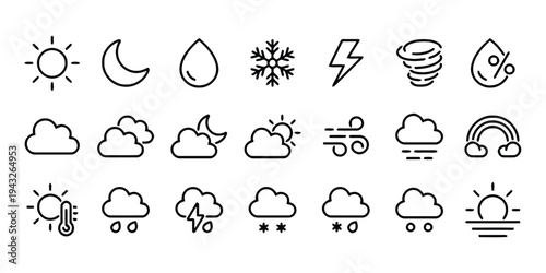 Set of weather icons on white background, climate symbols for forecasting and meteorological applications