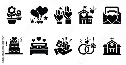 Set of wedding icons with rings cake and house symbols
