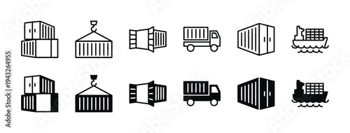 Shipping and logistics icons for cargo transport and delivery services
