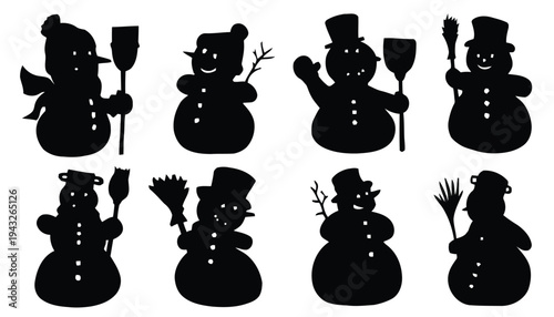 Silhouette of cheerful snowmen with hats and brooms