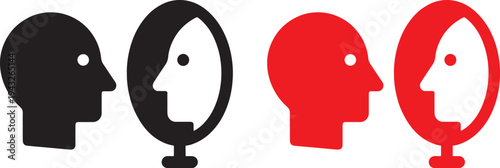 Silhouette of human head profile looking at mirror reflection