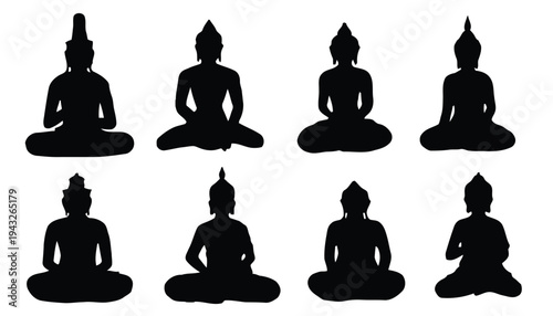 Silhouette of seated Buddha statues in meditation, spiritual practice, religious icons vector set