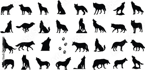 Silhouette of wolves howling and running in various dynamic poses representing wild nature and freedom
