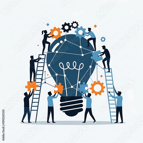High Quality, Professional People working together to build a large light bulb with gears and puzzle pieces teamwork concept Stock Photo, AI Generated