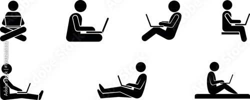 Collection of stick figure icon silhouette vector showing people sitting in different poses while using laptop isolated on transparent background