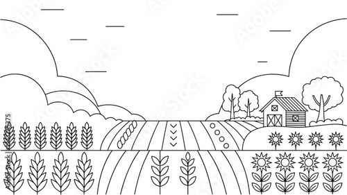 Black and white line art illustration of a wheat field landscape