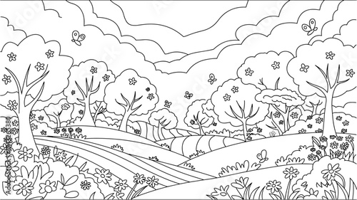 Black and white line art illustration of a landscape with trees and fl